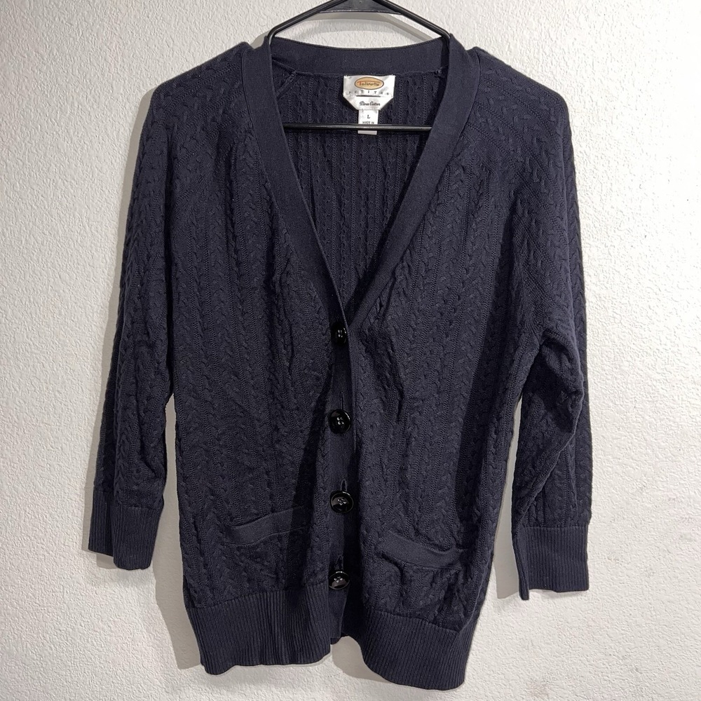 Talbots Womens Blue Pima Cotton Long Sleeve Cardigan Sweater Size LARGE